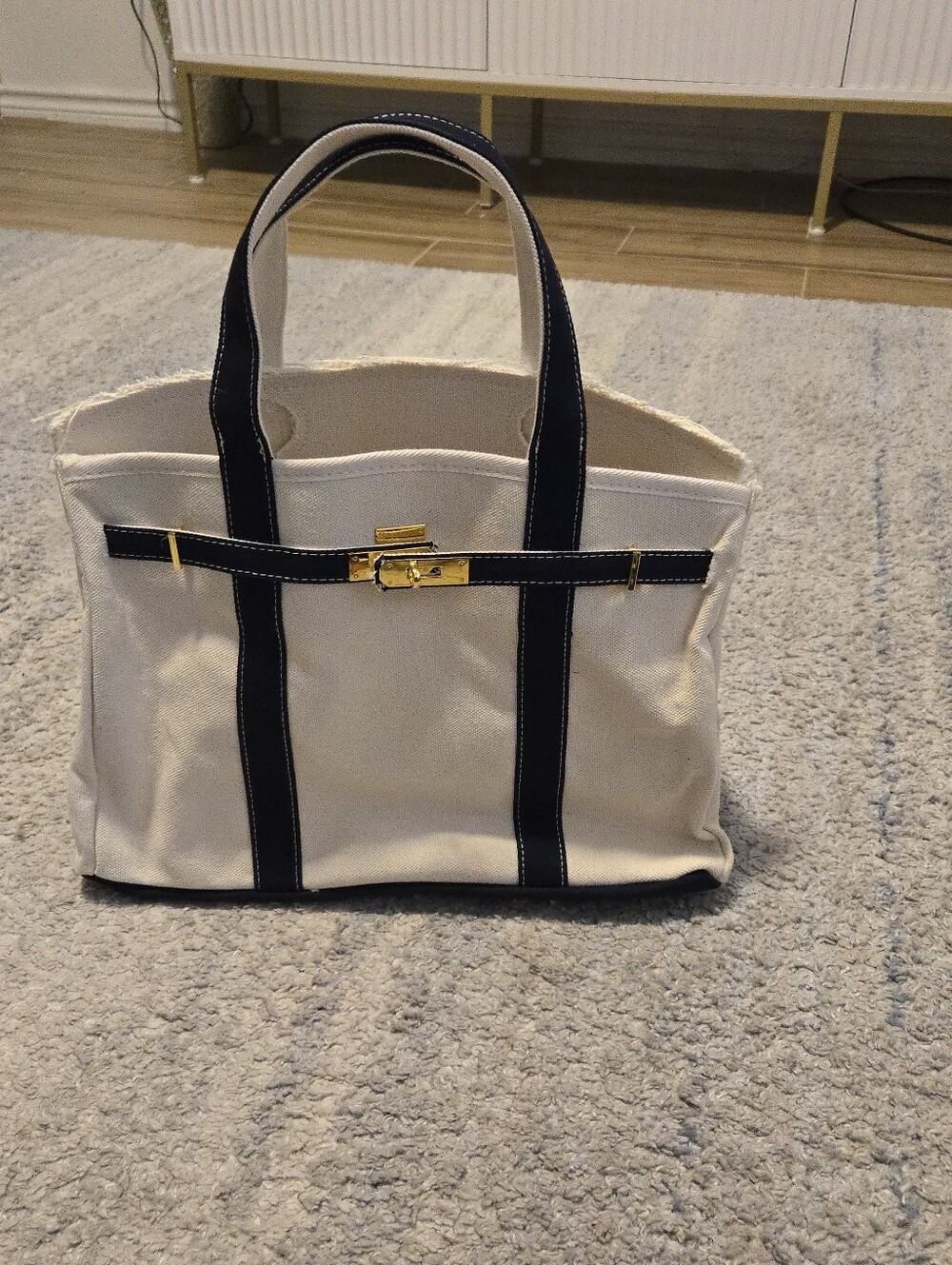 Canvas Birkin Style Tote Bag Cream Navy Turnlock Top Handle Satchel Purse Medium